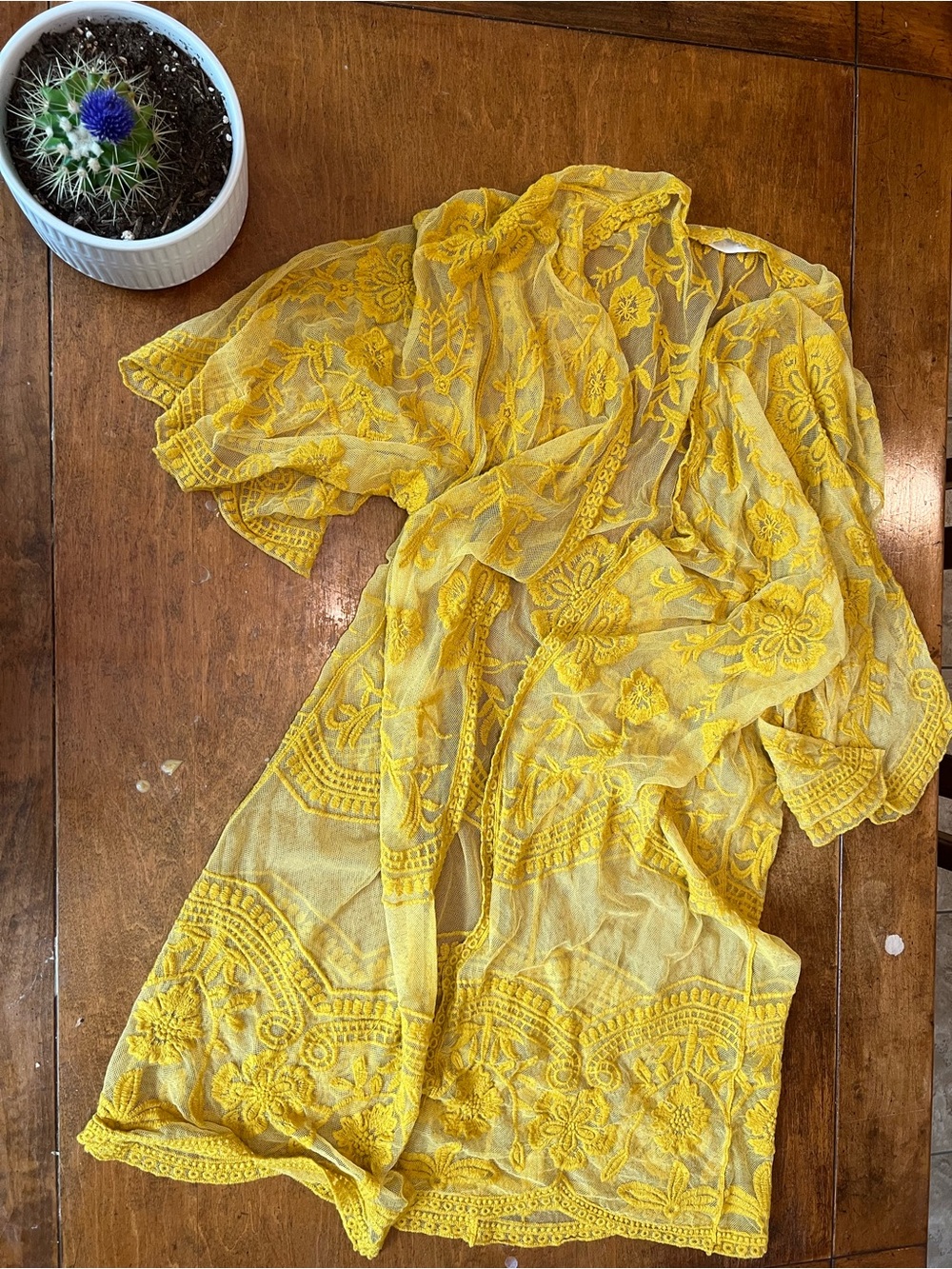 Anna-Kaci Mustard Yellow Floral Embroidered Lace Kimono Cardigan NWOT OSFA
